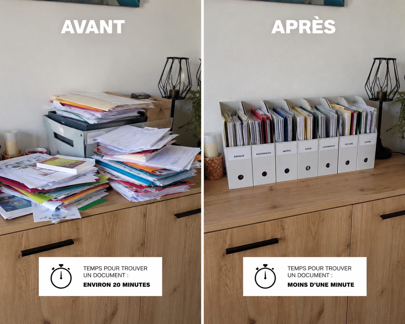 Documents triés et rangés, avant et après